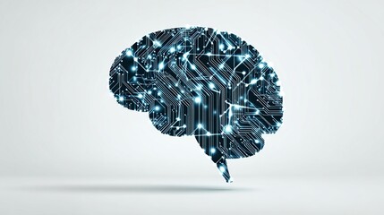 A stylized human brain, rendered as a circuit board with glowing nodes and connections, against a neutral background, illustrating the concept of artificial intelligence or neural networks