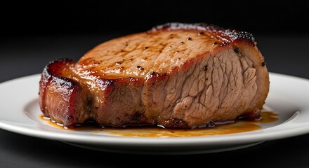 A delicious grilled steak sits on a plate. 