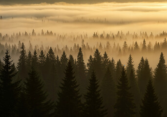 Obraz premium Dark silhouettes of coniferous trees emerge from a layer of golden fog illuminated by morning light, creating an ethereal and mysterious forest landscape