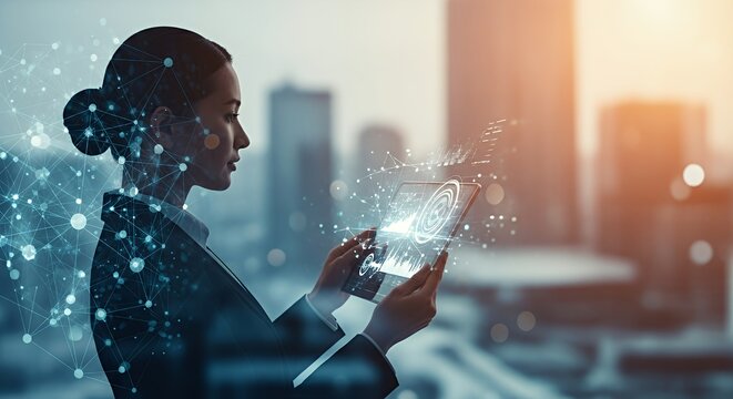 Businesswoman Using Digital Tablet with Data Overlay Against Cityscape Backdrop