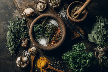 Spic Rustic Herbs and Spices Flatlay for Flavorful Meal Prep