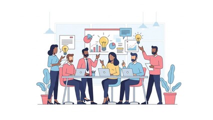 Creative Teamwork and Brainstorming in Modern Office – Flat Vector Illustration