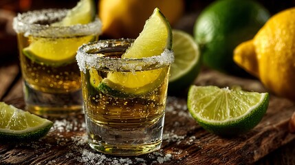 A Close-Up of a Perfect Tequila Shot with Salt and Fresh Lemon Wedge