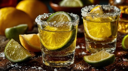 Refreshing Tequila Shot Served with Classic Salt Rim and Zesty Lemon