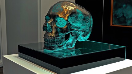 Transparent skull sculpture with glowing blue details on display