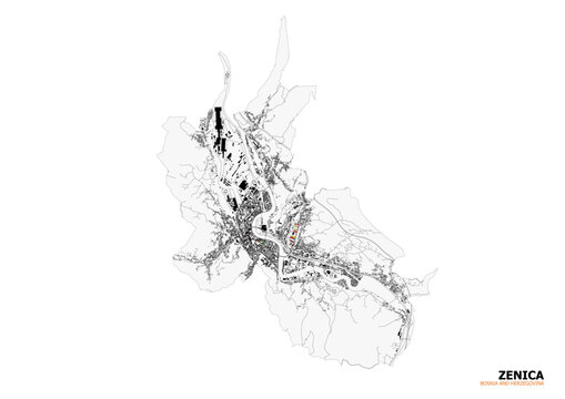 Vector map of Zenica, Bosnia and Herzegovina. Displays the city's urban layout, prominently featuring its road network (highways) and dense building structures, highlighting key infrastructure.