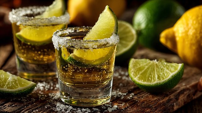A Close-Up of a Perfect Tequila Shot with Salt and Fresh Lemon Wedge - Powered by Adobe