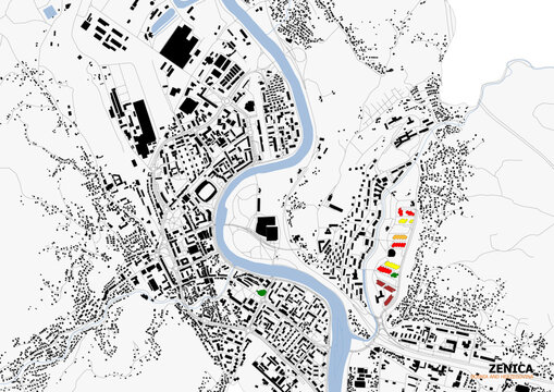 Vector map of Zenica, Bosnia and Herzegovina. Shows the city's highways, buildings, and waterways in detail, providing a comprehensive overview of its urban and natural features.