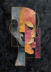 Two abstract faces merge in colors. Geometric shapes form human profiles.