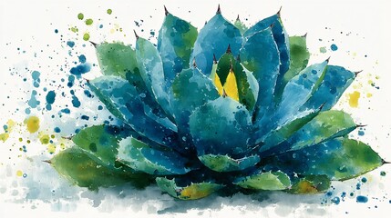 Vibrant Watercolor Abstract Depiction of a Blue Agave Plant
