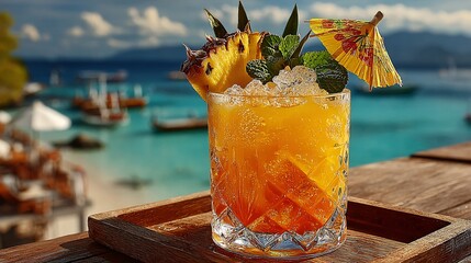 Tropical Mezcal Cocktail Garnished with Fresh Pineapple and Mint