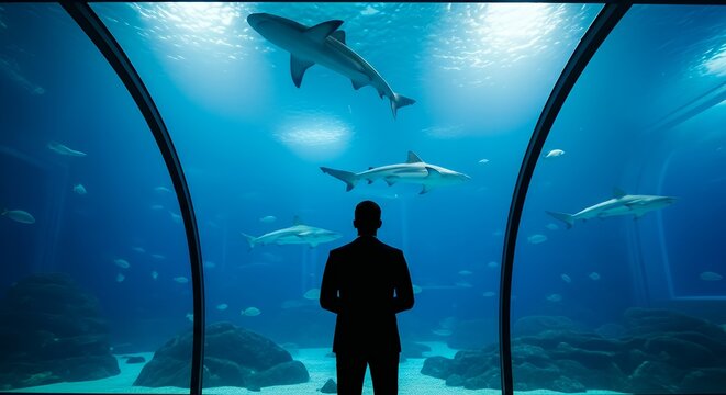 Man Watching Sharks in Aquarium Tunnel with Turquoise Water and Fish - Powered by Adobe
