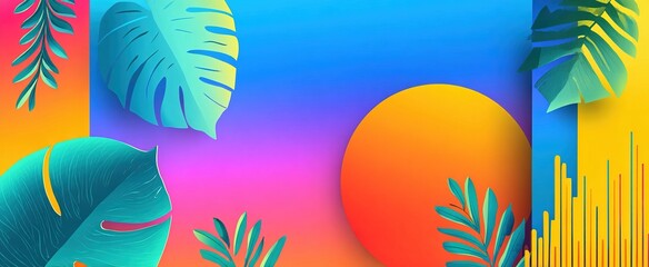 Summer music poster design background vector set. Electro Sound Cover template with vibrant abstract gradient geometric shape, line wave, tropical leaf. Design for social media, party, music festival.