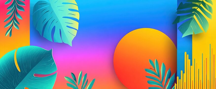 Summer music poster design background vector set. Electro Sound Cover template with vibrant abstract gradient geometric shape, line wave, tropical leaf. Design for social media, party, music festival.