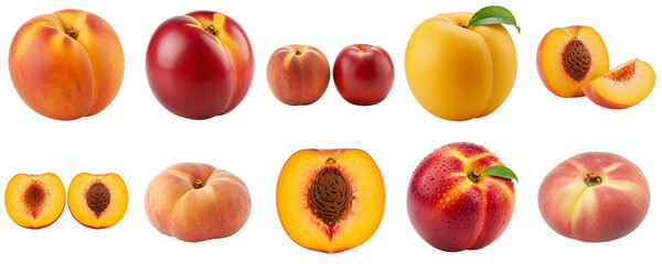 Various peaches and nectarines displayed on white background, set  