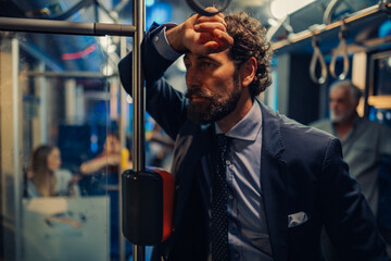 Tired businessman exhausted after work, stands in bus, holding hand on forehead