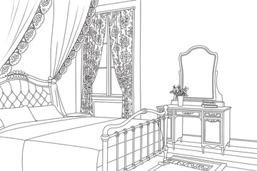 Fototapeta premium Elegant bedroom interior, ornate bed and furnishings. 