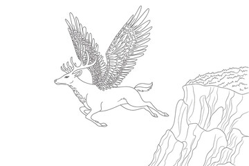 Obraz premium Winged deer soars above a cliff. 