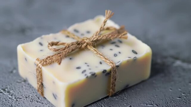 Handmade soap bar with natural ingredients and tied with twine