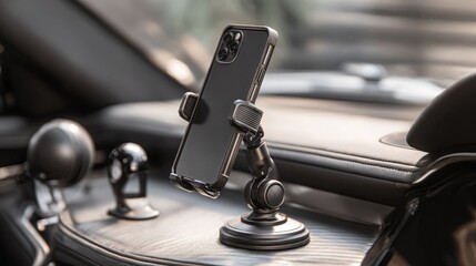 Phone secured on a car mount in a vehicle; foliage background, for hands-free navigation