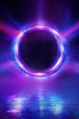 Electronic music festival. Party flyer. Stylish purple and blue glittering halftone banner. Glowing vibrant ring. Text decoration. Club and DJ name. Vector illustration. High quality