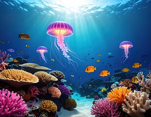 Jellyfish and Colorful Coral Reefs Under the Sea
