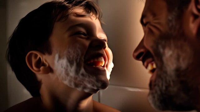 Close-up of a father teaching his young son how to shave in front of the mirror on a sunny morning. Slow motion. 4K.