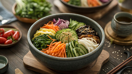 Colorful layered Korean bibimbap bowl, vibrant and healthy.
