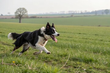 Athletic border collie mid-run with tongue flapping open field background action photography nature environment dynamic viewpoint for seo impact