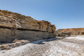 Salt deposits in a dry river bed. Alluvium（Gravel, sand, silt, and clay in poorly to moderately...