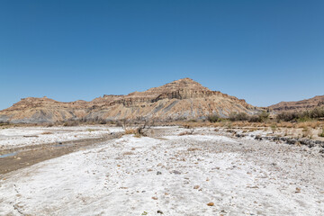 Salt deposits in a dry river bed. Alluvium（Gravel, sand, silt, and clay in poorly to moderately...