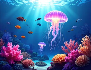 Colorful Underwater Scene with Jellyfish and Coral Reef