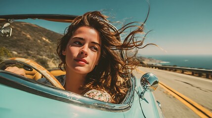 Young woman enjoys a breezy road trip in a classic convertible car along the scenic coastal highway, experiencing freedom and adventure.