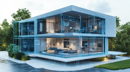 visualization of a contemporary house design showcasing its modern architectural features and smart home technology integration against a natural backdrop of green trees
