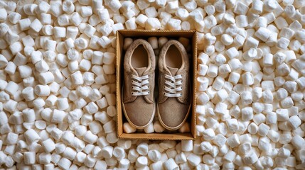 Packing peanuts surround a boxed pair of casual shoes