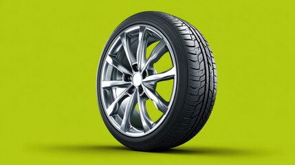 Shiny chrome car rim with radial tire standing upright on a lime green background