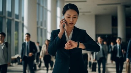 Busy Businesswoman Checking Time While Talking on Phone in Modern Office - Powered by Adobe