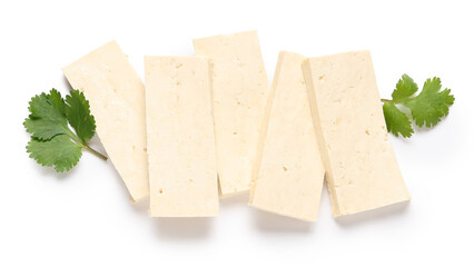 Slices of tasty tofu cheese isolated on white background