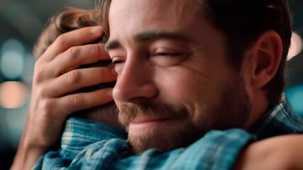 An emotional reunion as a father hugs his son after a long trip. Dolly in. 4K.

 - Powered by Adobe