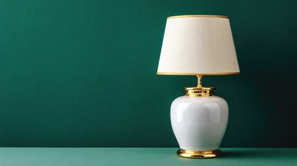 White lamp with gold details on pistachio green backdrop