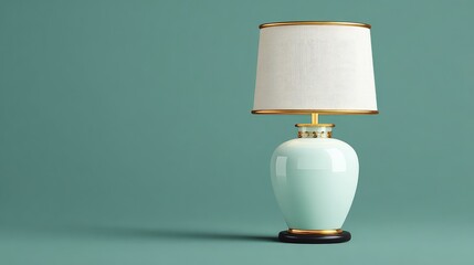 White lamp with gold details on pistachio green backdrop