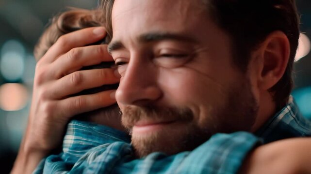An emotional reunion as a father hugs his son after a long trip. Dolly in. 4K.

