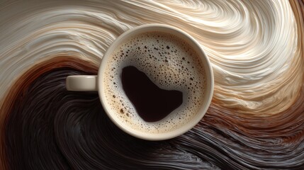 Coffee cup with foam on swirling chocolate and cream background