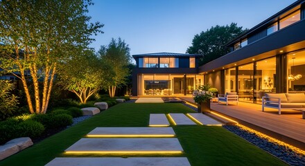Obraz premium Modern House Backyard Landscape Design at Dusk