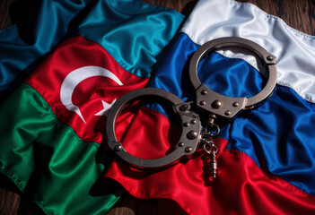 handcuffs lie on top of the flags of Azerbaijan and Russia, complicated political relations
