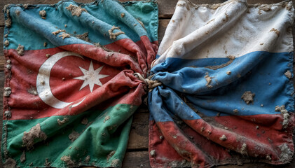 old grunge dirty flags of russia and azerbaijan on rustic wooden background
