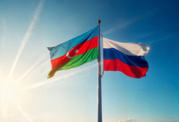 the flags of azerbaijan and russia on one flagpole flutter in the wind against a blue sky