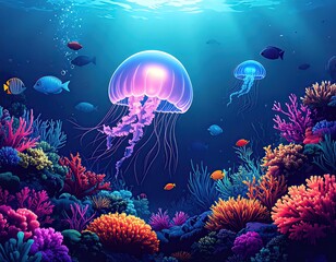 Vivid Jellyfish and Coral Reef Underwater Scene
