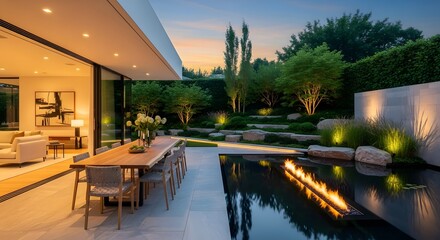 Obraz premium Modern Luxury Home Exterior with Fire Pit Pond