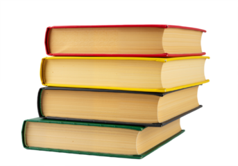 Stack of Three Hardcover Books in Red, Yellow, and Green Spines Against White Background, Symbolizing Learning, Knowledge, and Intellectual Growth